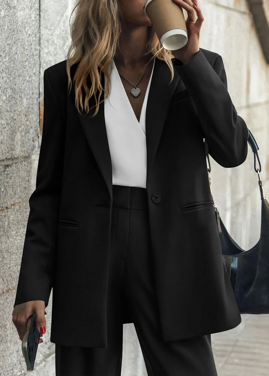 2 Piece Outfits Fall for Women Dressy Blazer Casual Loose Long Blazer Jackets and Dressy Wide Leg Pant Suits with Pockets