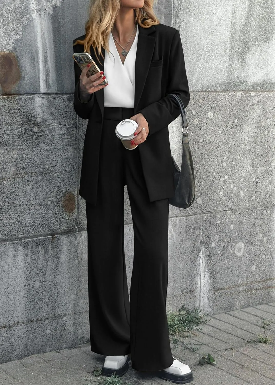 2 Piece Outfits Fall for Women Dressy Blazer Casual Loose Long Blazer Jackets and Dressy Wide Leg Pant Suits with Pockets