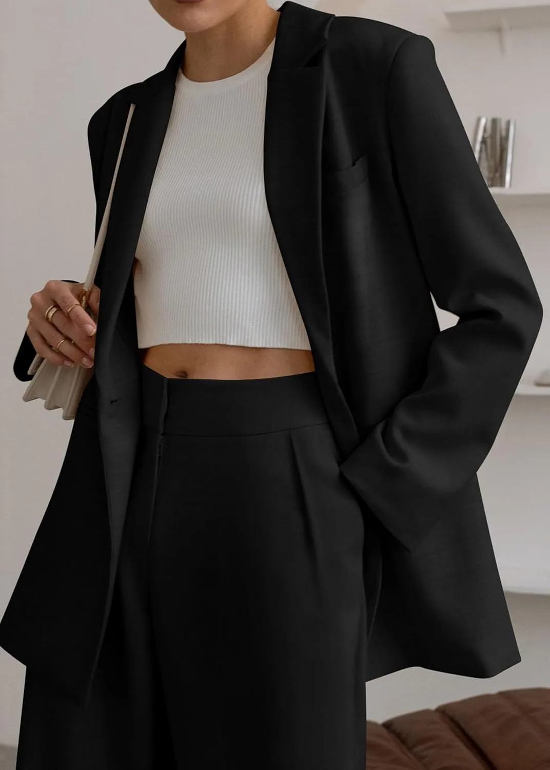 2 Piece Outfits Fall for Women Dressy Blazer Casual Loose Long Blazer Jackets and Dressy Wide Leg Pant Suits with Pockets