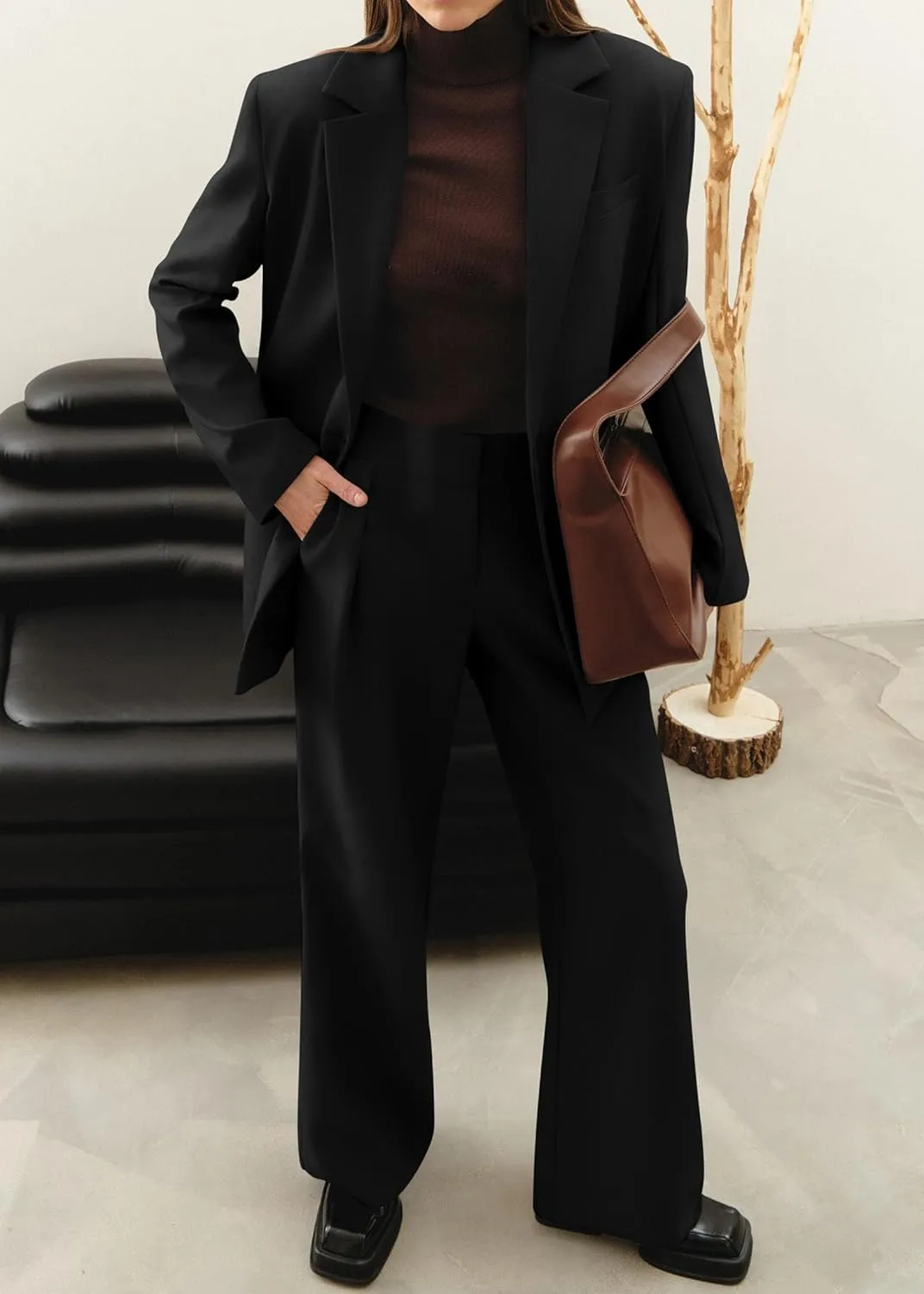 2 Piece Outfits Fall for Women Dressy Blazer Casual Loose Long Blazer Jackets and Dressy Wide Leg Pant Suits with Pockets