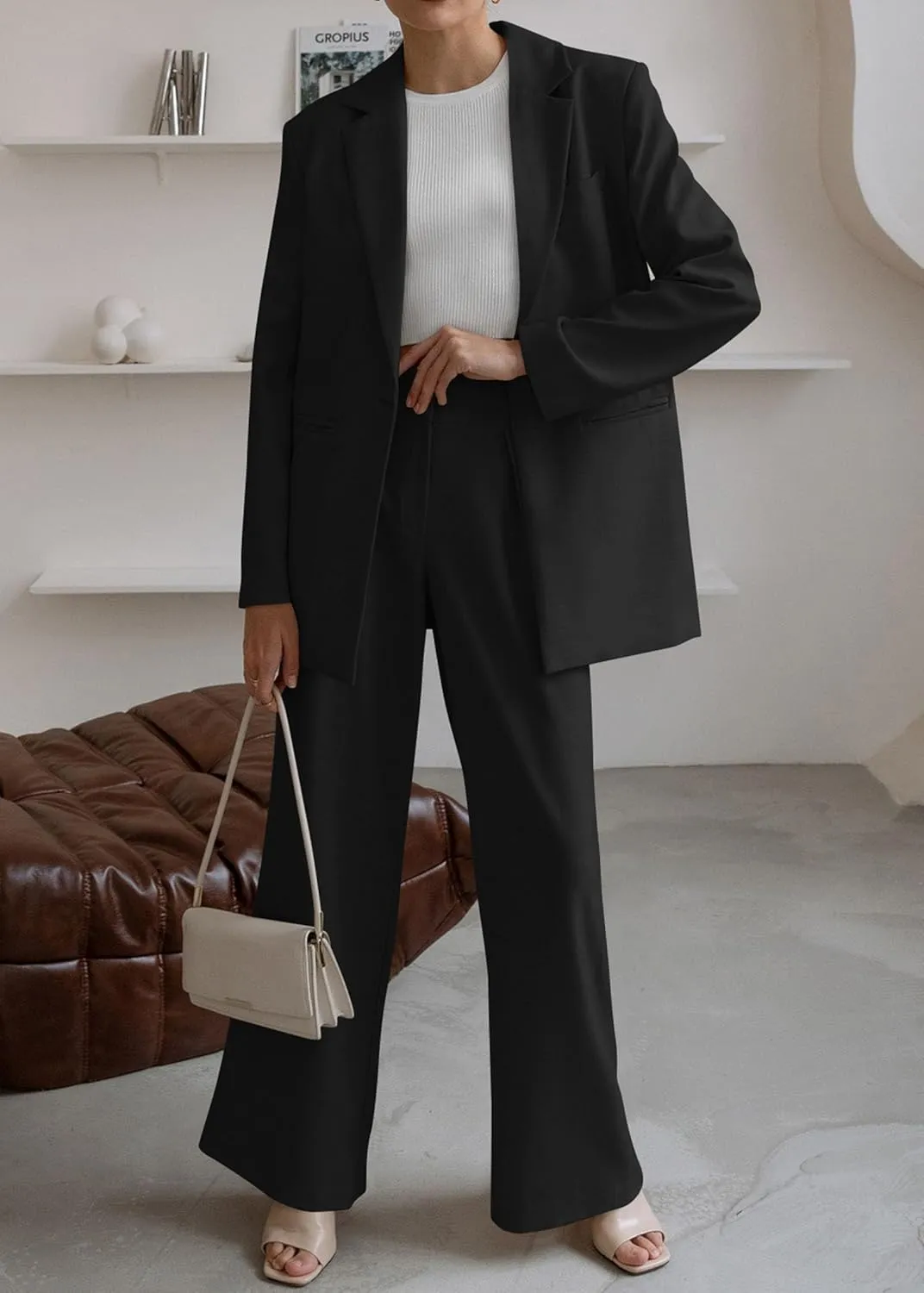 2 Piece Outfits Fall for Women Dressy Blazer Casual Loose Long Blazer Jackets and Dressy Wide Leg Pant Suits with Pockets