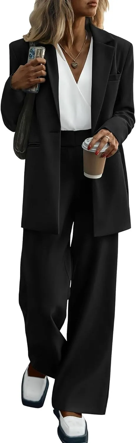 2 Piece Outfits Fall for Women Dressy Blazer Casual Loose Long Blazer Jackets and Dressy Wide Leg Pant Suits with Pockets