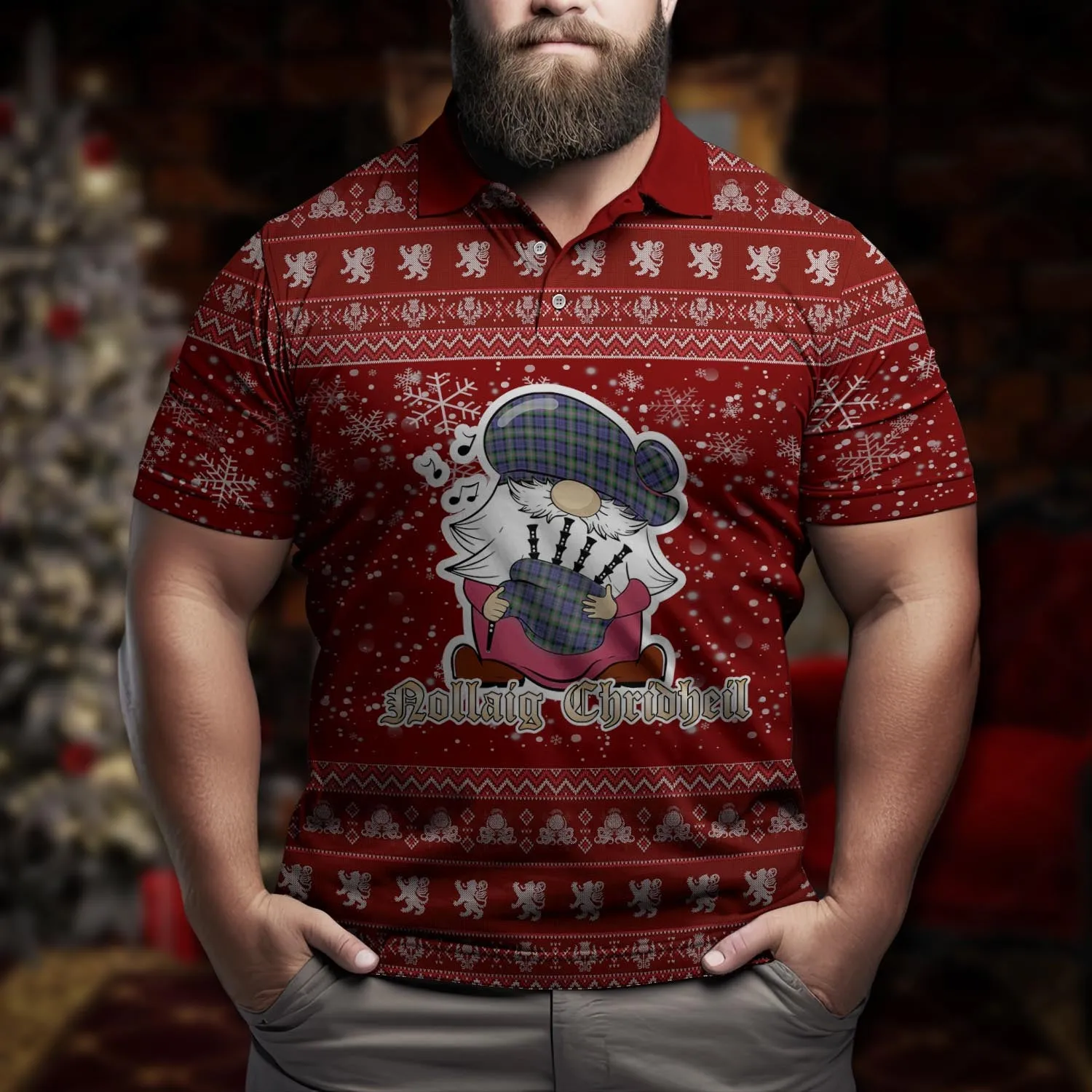 Baird Modern Clan Christmas Family Polo Shirt with Funny Gnome Playing Bagpipes