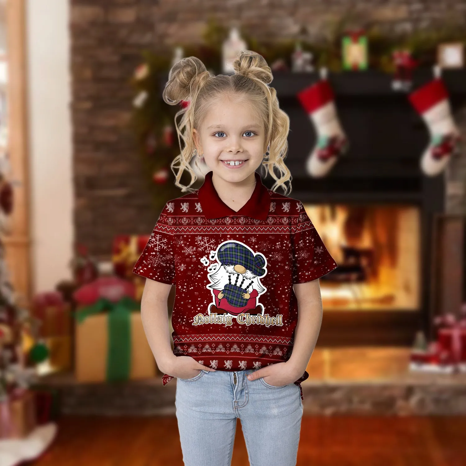 Baird Modern Clan Christmas Family Polo Shirt with Funny Gnome Playing Bagpipes