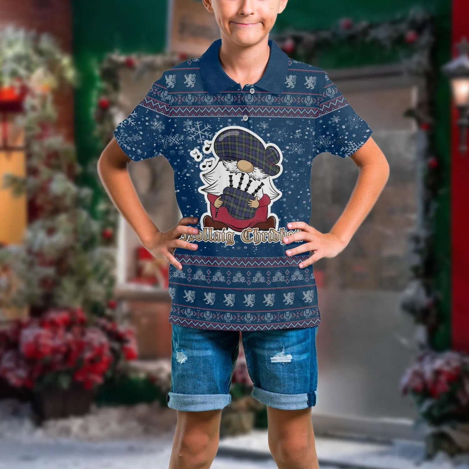 Baird Modern Clan Christmas Family Polo Shirt with Funny Gnome Playing Bagpipes