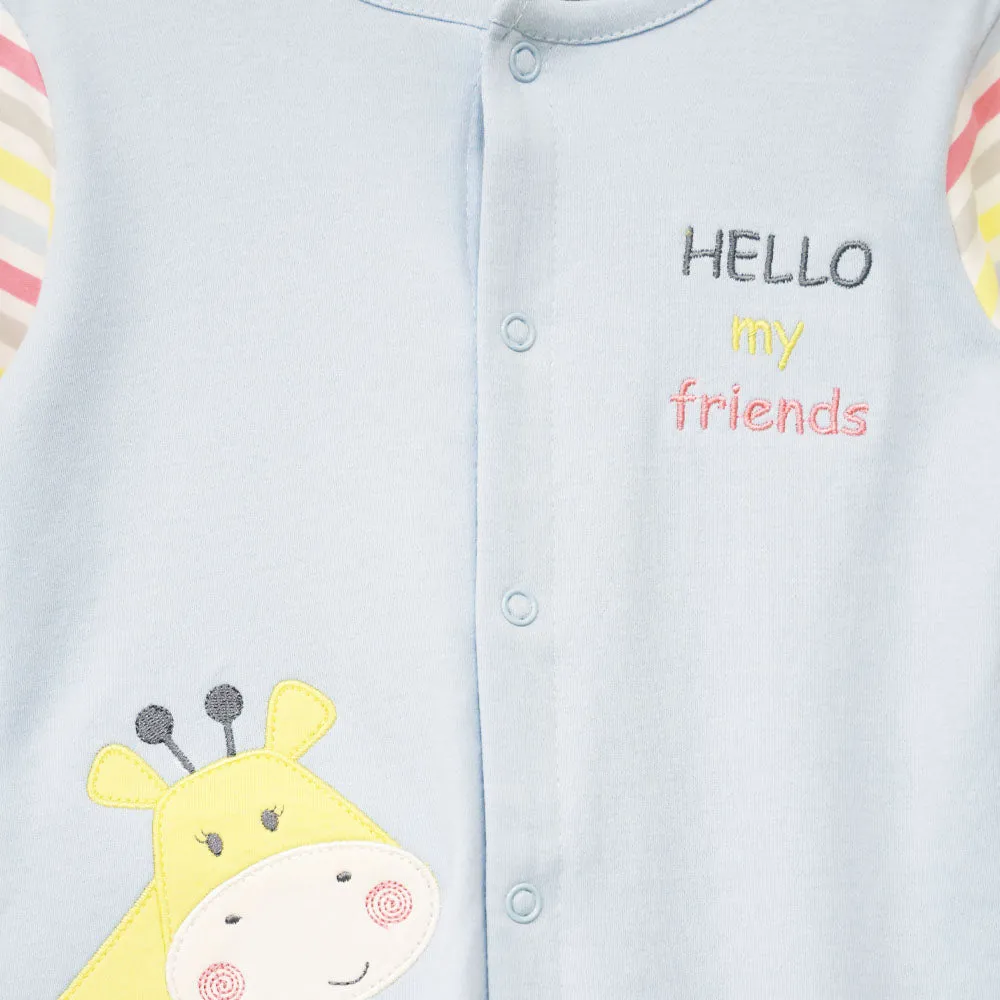 Blue Embroidered With Striped Full Sleeves Footsie