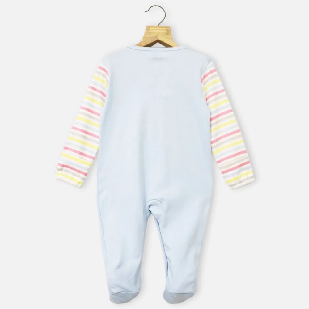 Blue Embroidered With Striped Full Sleeves Footsie