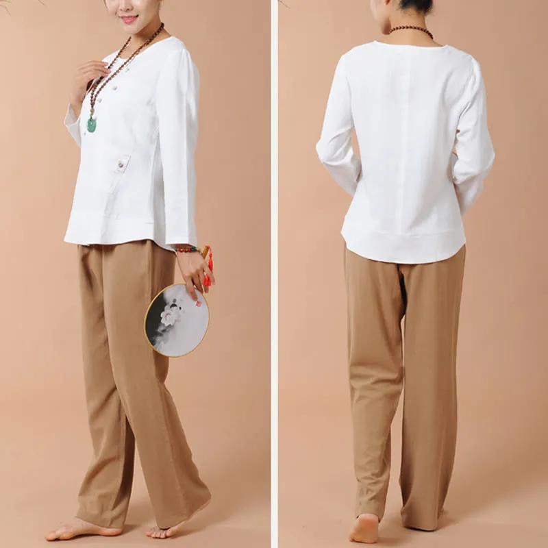 Buddha Stones 2Pcs Long Sleeve T-Shirt Tee Pants Meditation Zen Tai Chi Linen Clothing Women's Set
