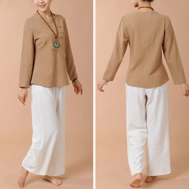 Buddha Stones 2Pcs Long Sleeve T-Shirt Tee Pants Meditation Zen Tai Chi Linen Clothing Women's Set