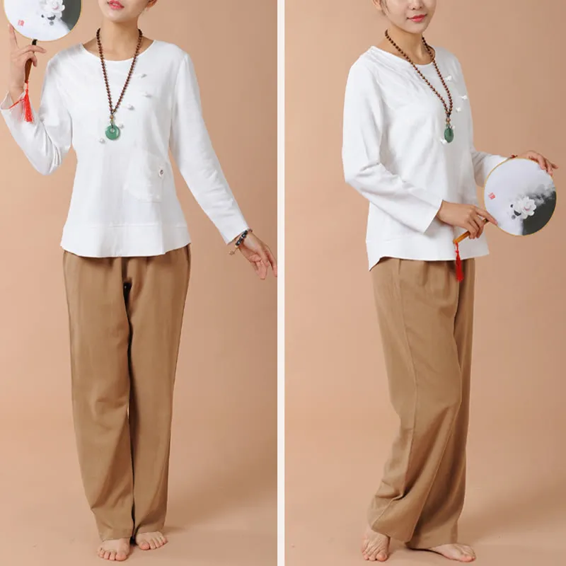 Buddha Stones 2Pcs Long Sleeve T-Shirt Tee Pants Meditation Zen Tai Chi Linen Clothing Women's Set