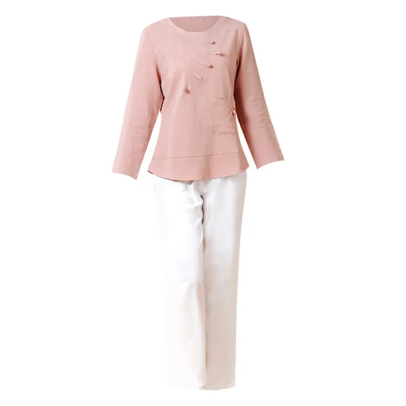 Buddha Stones 2Pcs Long Sleeve T-Shirt Tee Pants Meditation Zen Tai Chi Linen Clothing Women's Set