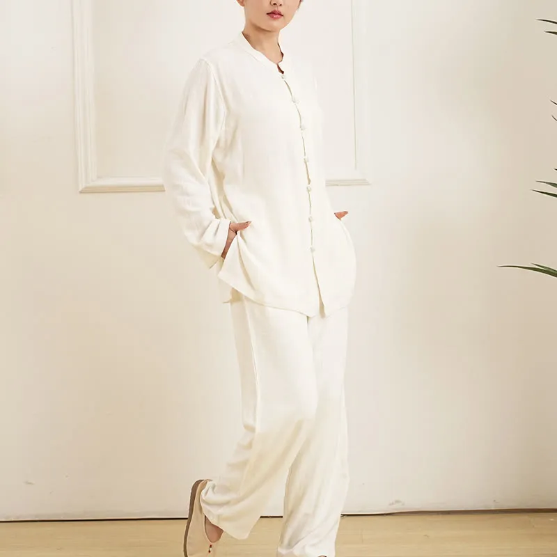 Buddha Stones 2Pcs White Frog-Button Long Sleeve Shirt Top Pants Meditation Zen Tai Chi Cotton Linen Clothing Women's Set