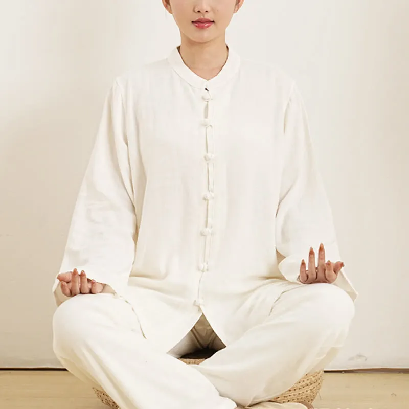 Buddha Stones 2Pcs White Frog-Button Long Sleeve Shirt Top Pants Meditation Zen Tai Chi Cotton Linen Clothing Women's Set