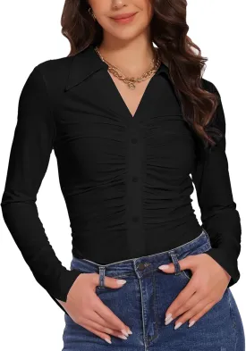 Button Shirts for Women Ruched Long Sleeve Collared Casual Dressy Tops V Neck Blouse