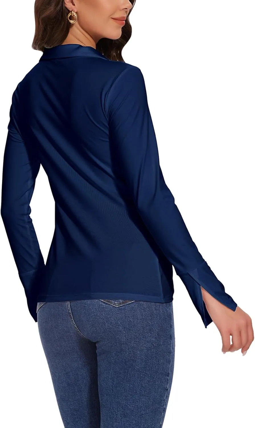 Button Shirts for Women Ruched Long Sleeve Collared Casual Dressy Tops V Neck Blouse