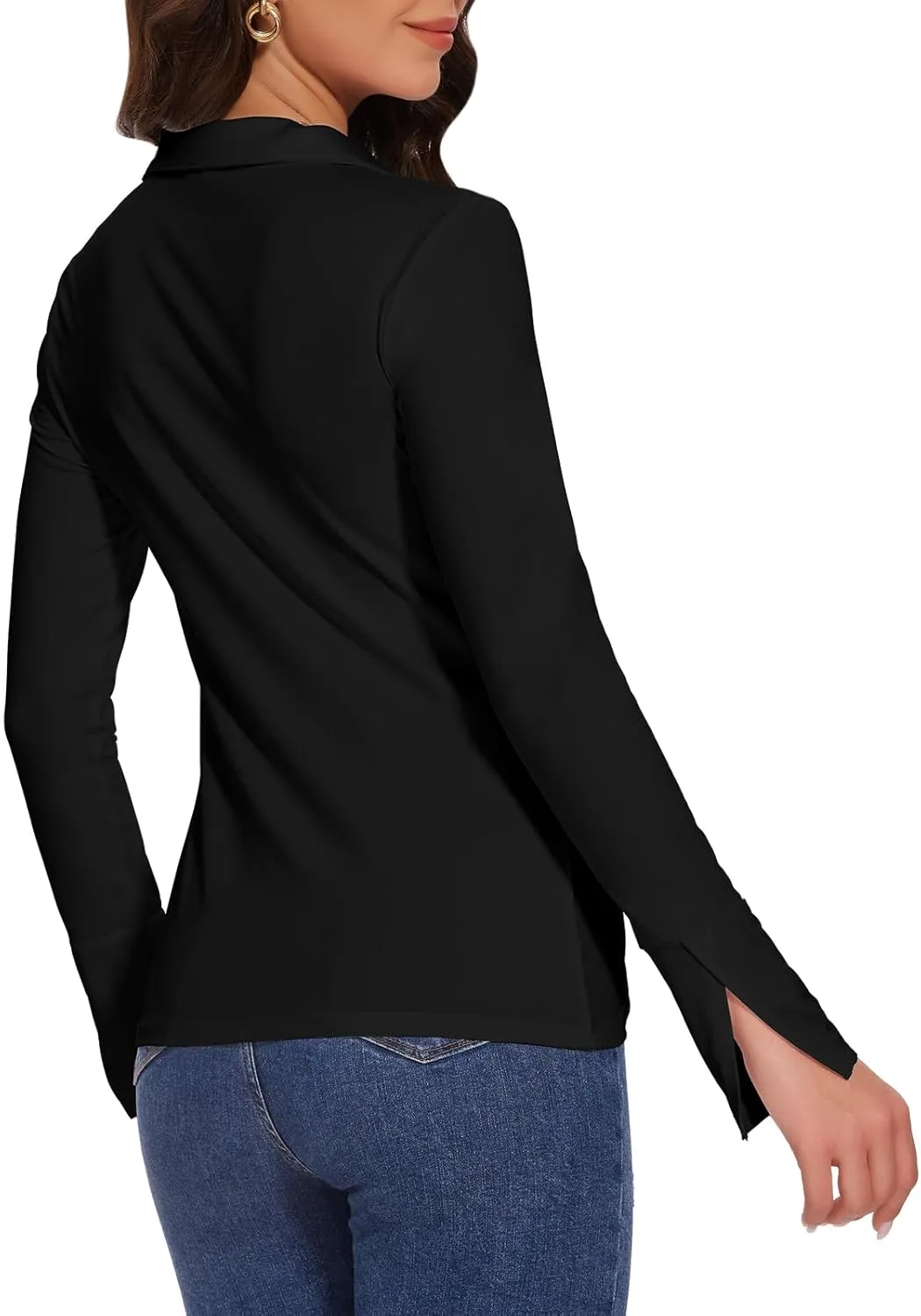 Button Shirts for Women Ruched Long Sleeve Collared Casual Dressy Tops V Neck Blouse