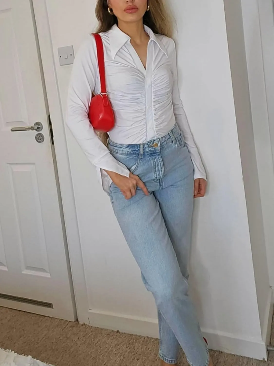 Button Shirts for Women Ruched Long Sleeve Collared Casual Dressy Tops V Neck Blouse