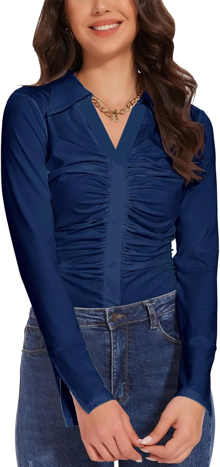 Button Shirts for Women Ruched Long Sleeve Collared Casual Dressy Tops V Neck Blouse