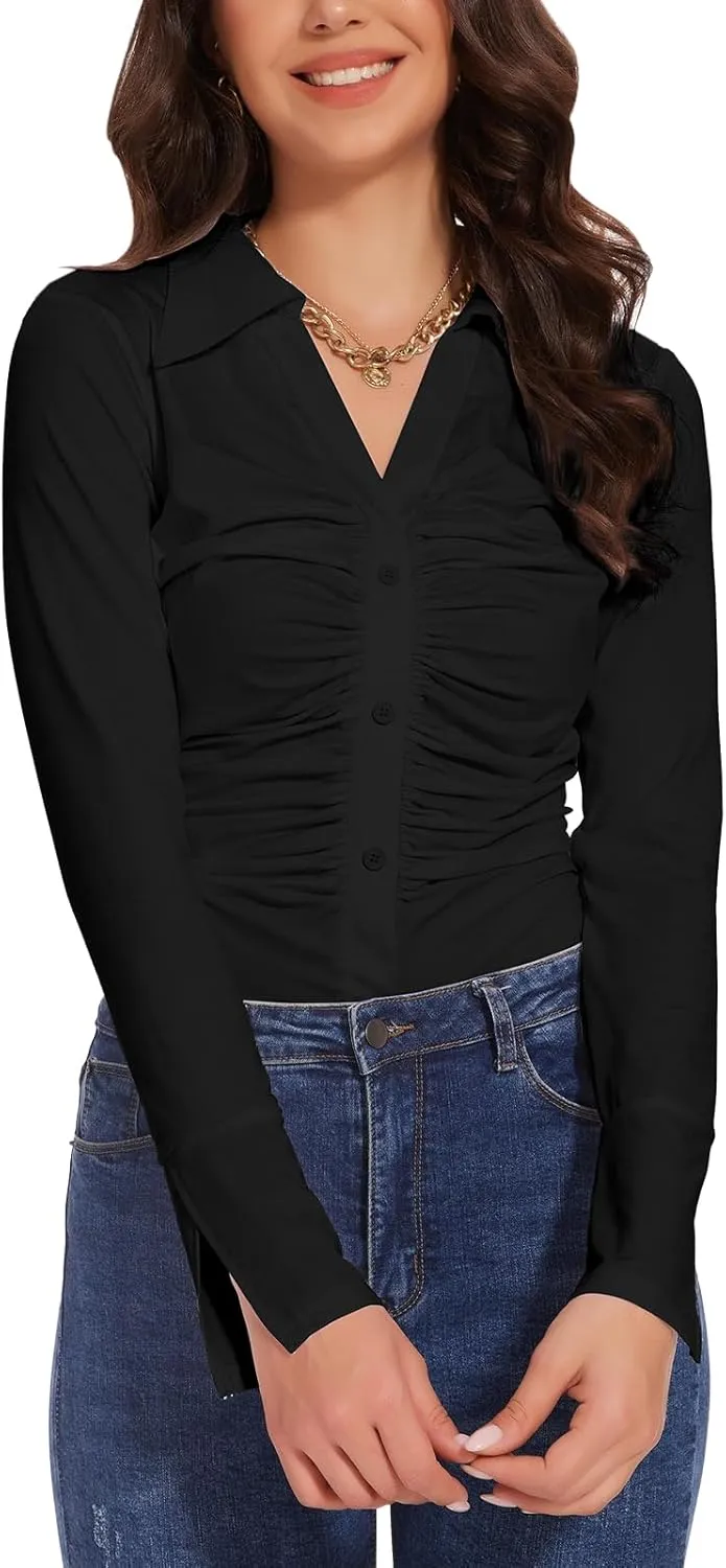 Button Shirts for Women Ruched Long Sleeve Collared Casual Dressy Tops V Neck Blouse