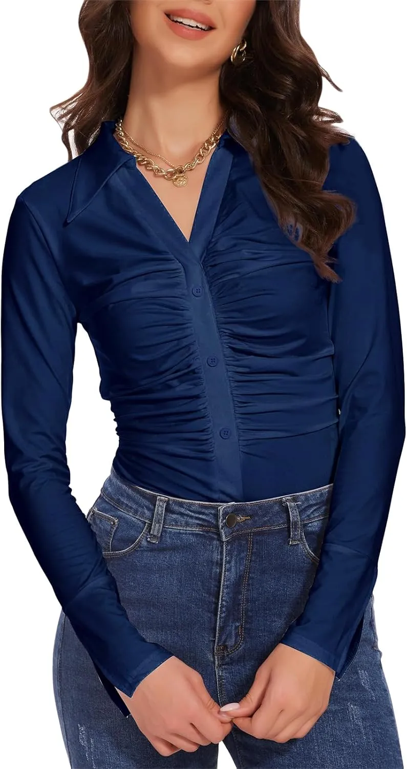 Button Shirts for Women Ruched Long Sleeve Collared Casual Dressy Tops V Neck Blouse