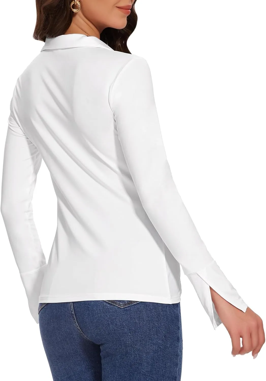 Button Shirts for Women Ruched Long Sleeve Collared Casual Dressy Tops V Neck Blouse