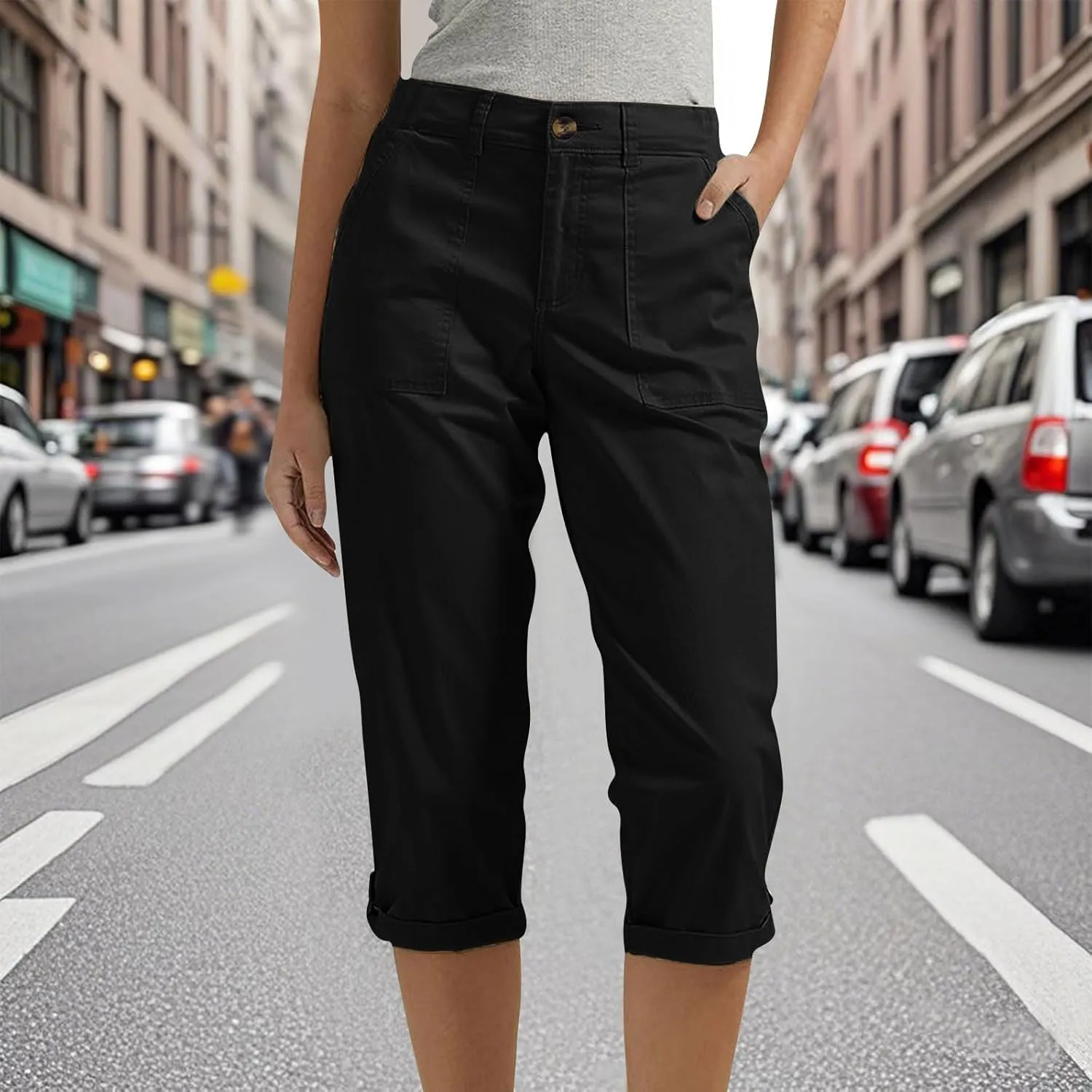 Capri Pants for Women Dressy Casual Cropped Cargo Work Pants with Pockets High Waisted Slim-Fit Tapered Cotton Capris