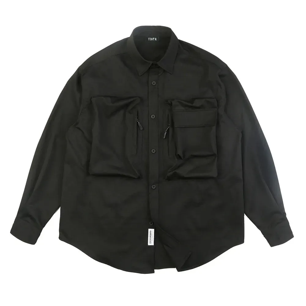 Casual Solid Color Safari Style Pocket Cargo Shirts with Curved Hem