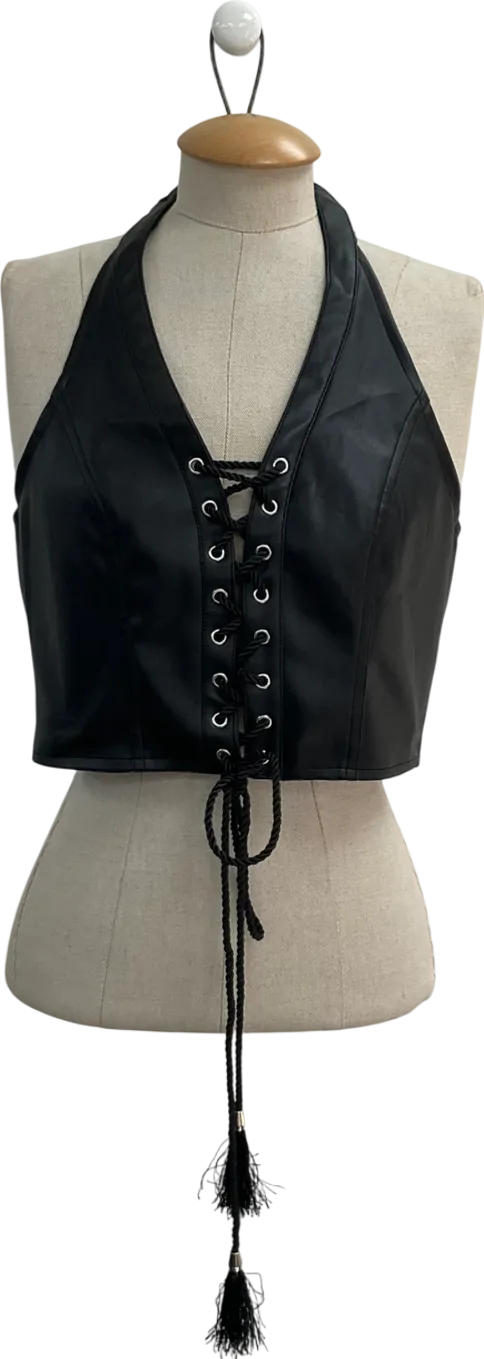 Club Exx Black Vegan Leather Rope Lace Halter Top UK L