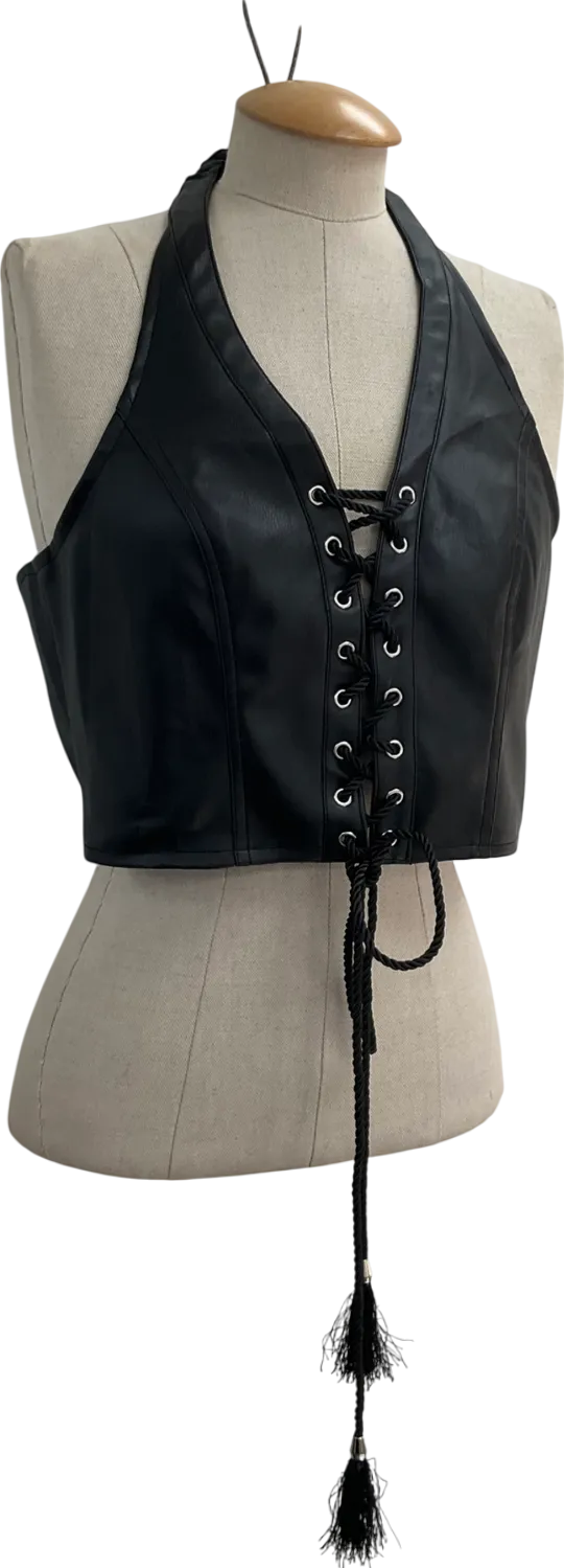 Club Exx Black Vegan Leather Rope Lace Halter Top UK L