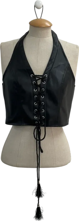 Club Exx Black Vegan Leather Rope Lace Halter Top UK L