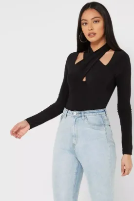 Come On Black Cross Over Neckline Black Top