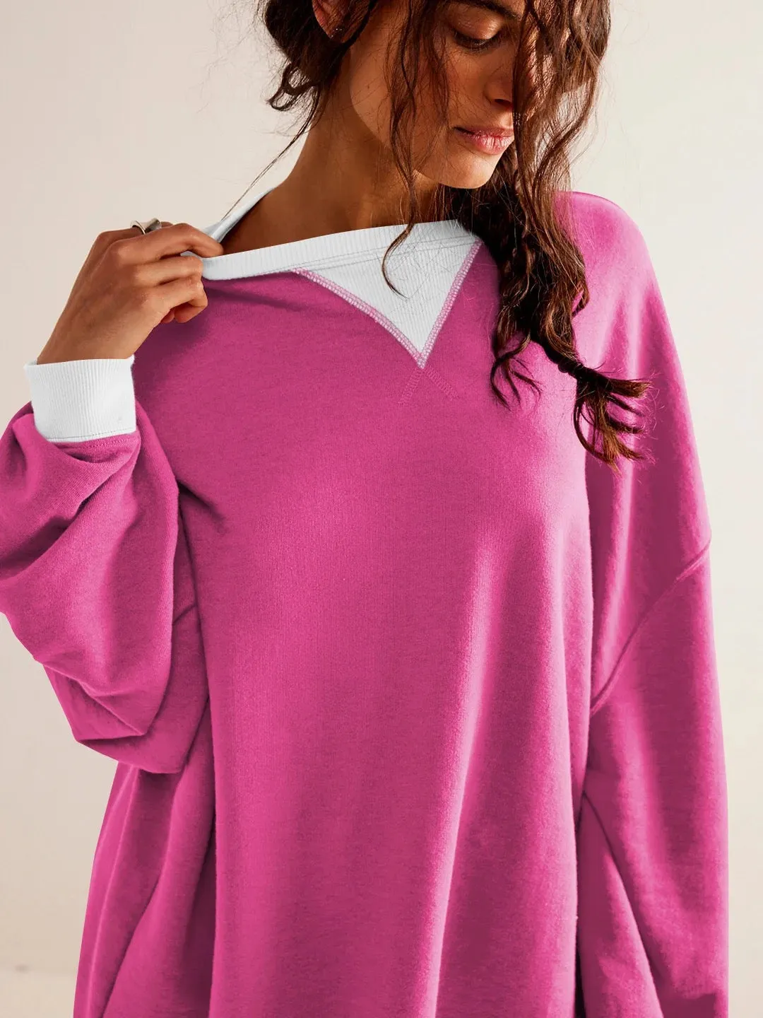 Contrast Trim Round Neck Long Sleeve Sweatshirt