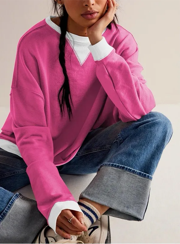 Contrast Trim Round Neck Long Sleeve Sweatshirt