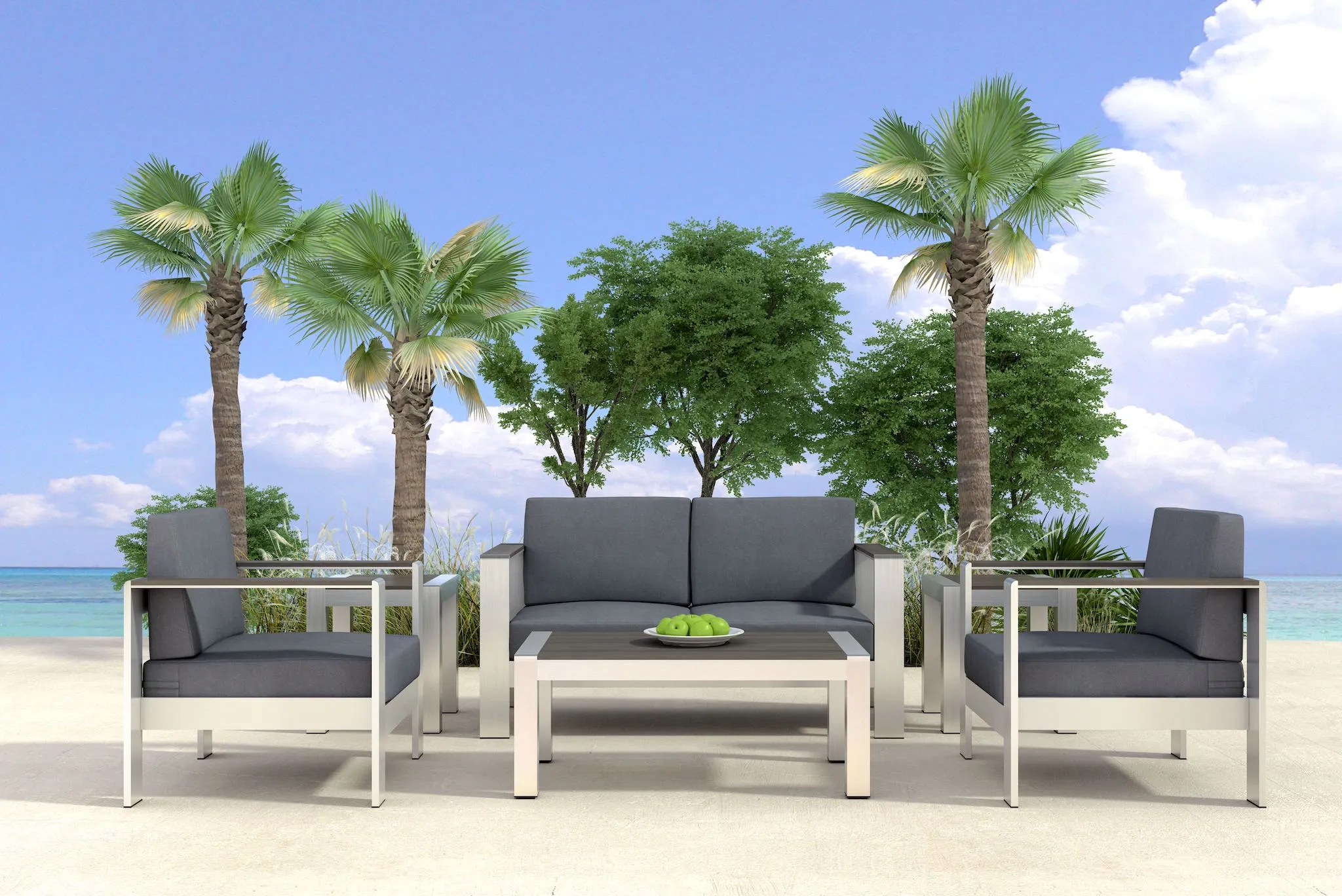 Cosmopolitan Outdoor Sofa In Gray, Made Weather Resistant Aluminium & Cushions, Ships In 24 HRS.