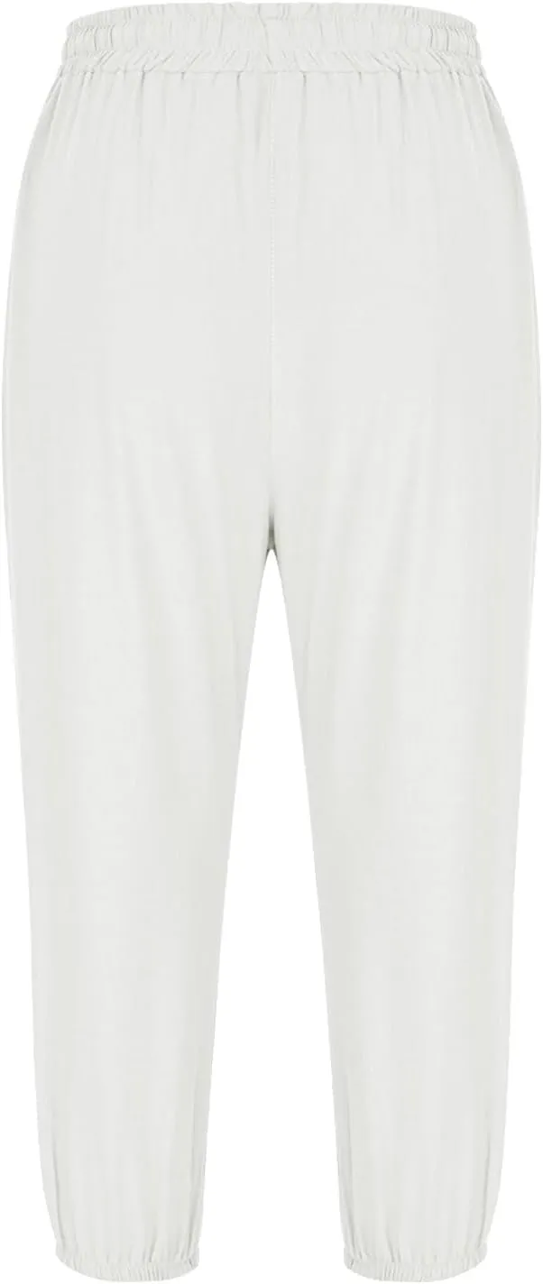 Cotton Linen Pants for Women Summer Elastic Waist Solid Capris Pants Straight Wide Leg Cropped Trousers