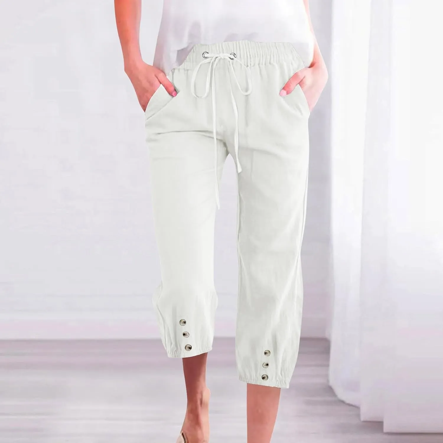Cotton Linen Pants for Women Summer Elastic Waist Solid Capris Pants Straight Wide Leg Cropped Trousers
