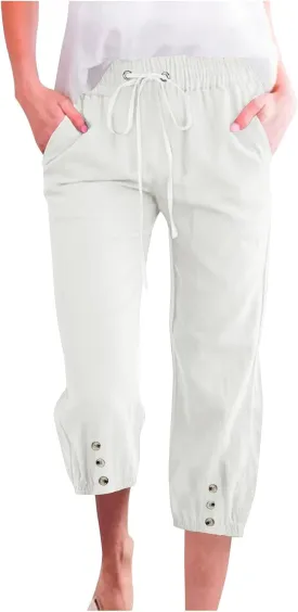 Cotton Linen Pants for Women Summer Elastic Waist Solid Capris Pants Straight Wide Leg Cropped Trousers
