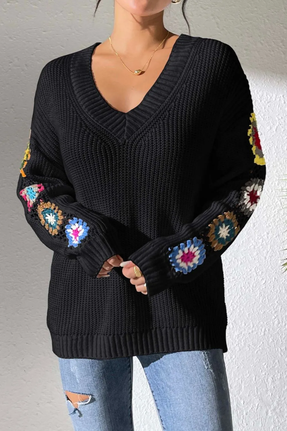 Crochet Flower V-Neck Sweater