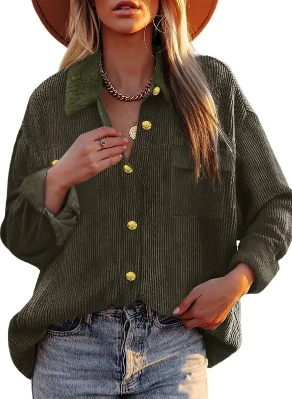 Dokotoo Womens Corduroy Shirts Casual Button Down Blouses Long Sleeve Oversized Tops with Pockets