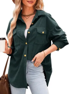 Dokotoo Womens Corduroy Shirts Casual Button Down Blouses Long Sleeve Oversized Tops with Pockets