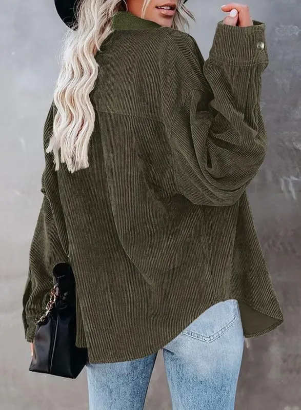 Dokotoo Womens Corduroy Shirts Casual Button Down Blouses Long Sleeve Oversized Tops with Pockets