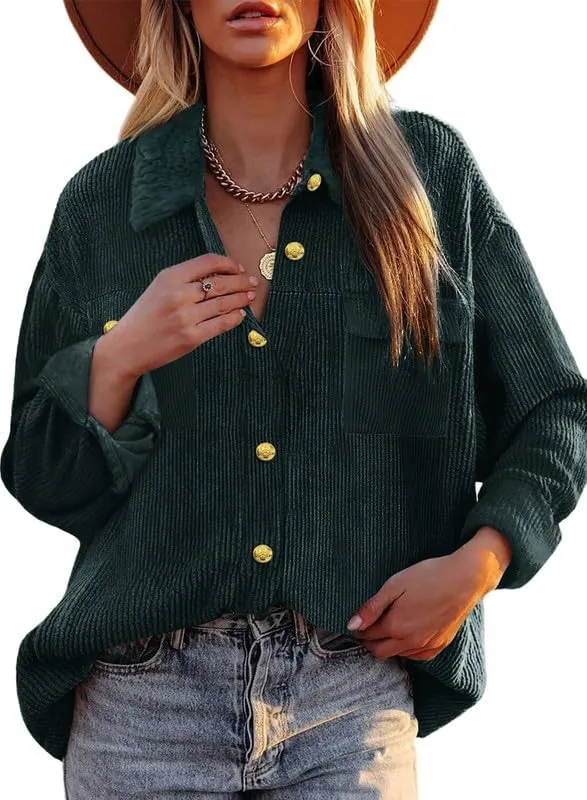 Dokotoo Womens Corduroy Shirts Casual Button Down Blouses Long Sleeve Oversized Tops with Pockets