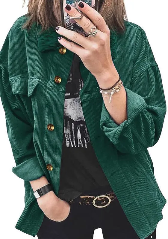 Dokotoo Womens Corduroy Shirts Casual Button Down Blouses Long Sleeve Oversized Tops with Pockets