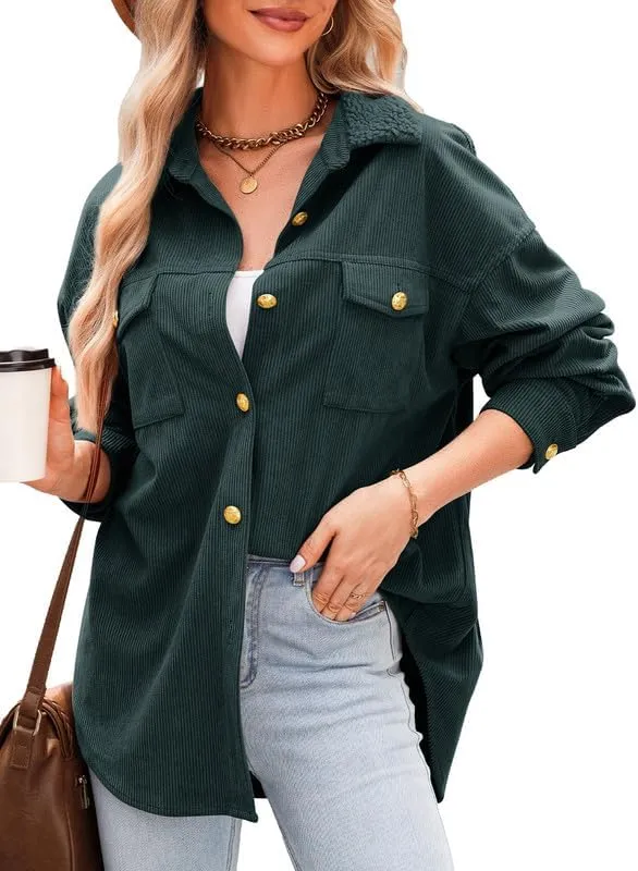 Dokotoo Womens Corduroy Shirts Casual Button Down Blouses Long Sleeve Oversized Tops with Pockets
