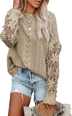 Dokotoo Womens Crewneck Crochet Lace Long Sleeve Hollow Out Cable Knit Sweaters Pullover Tops