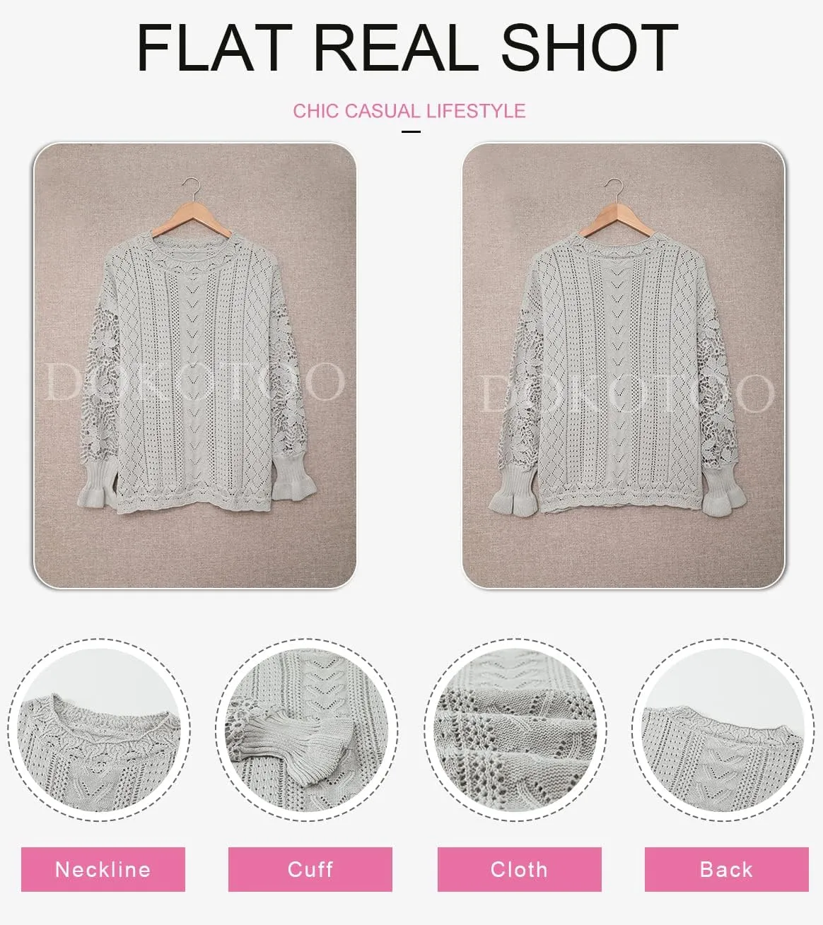 Dokotoo Womens Crewneck Crochet Lace Long Sleeve Hollow Out Cable Knit Sweaters Pullover Tops