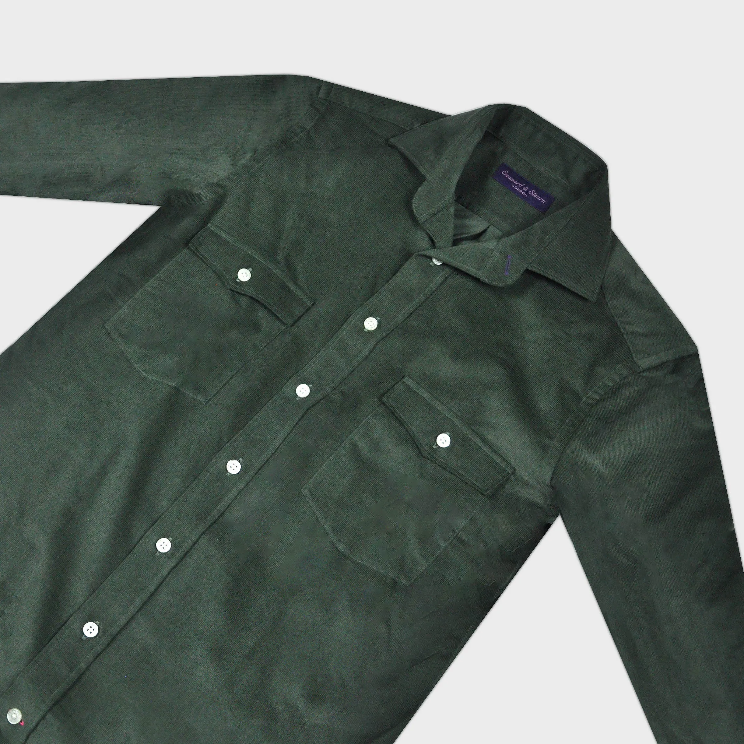 Fine Corduroy Spread Collar Shirt with Double Breast Pockets in Bottle Green
