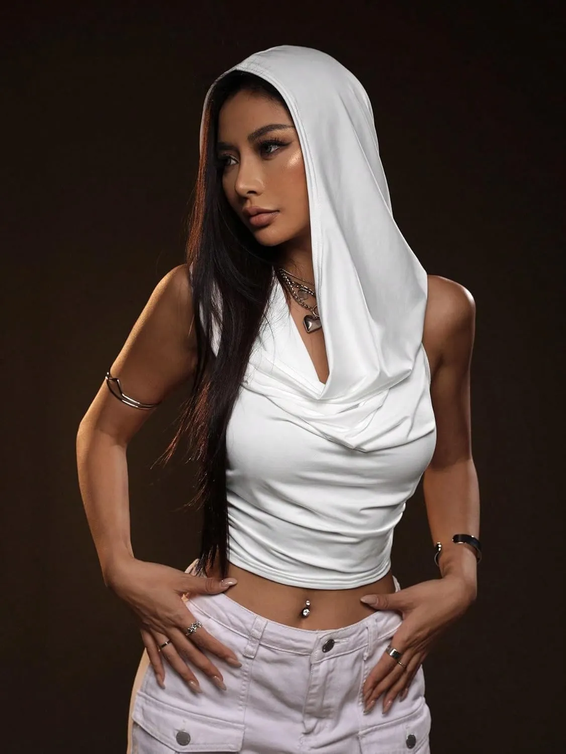 Floerns Women's Tie Backless Halter Tops Draped Front Cropped Hoodie