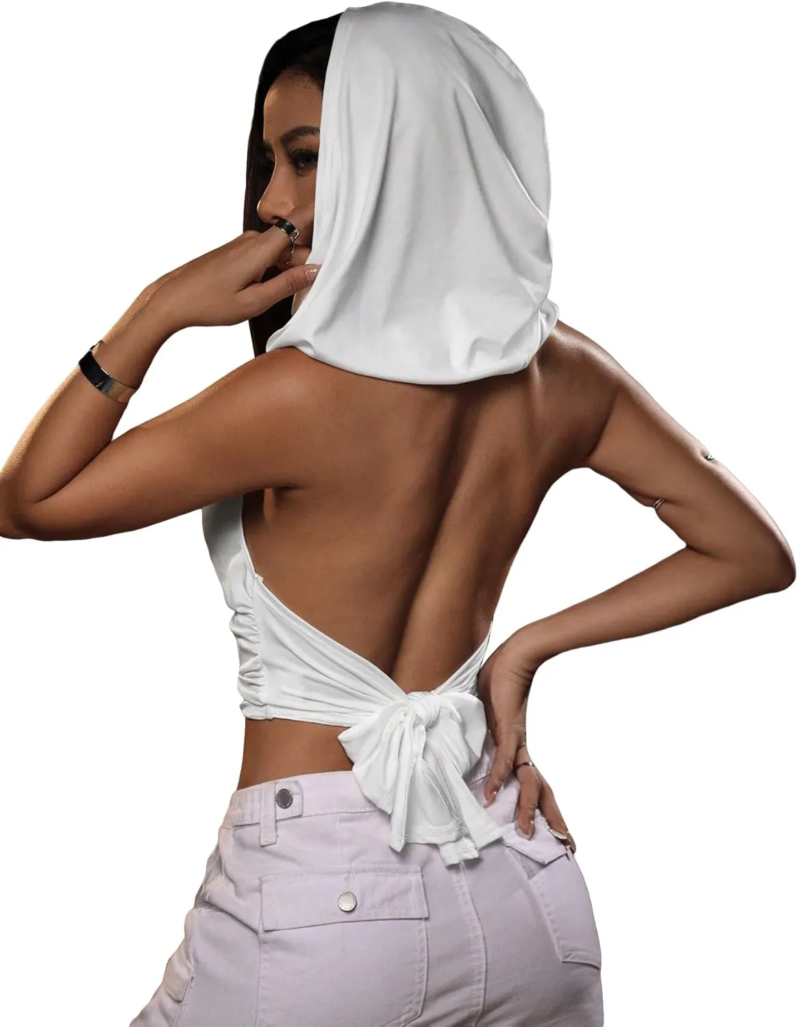 Floerns Women's Tie Backless Halter Tops Draped Front Cropped Hoodie