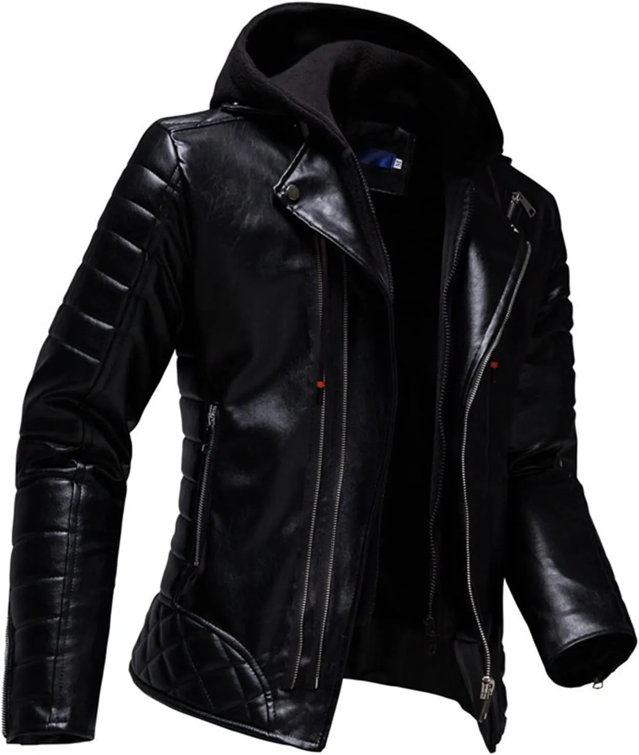JEsilunmaMY Men's Motorcycle Jacket with Removable Hood Lapel Asymmetric Zip Leather Bomber Coat Slim Fit Moto Biker Outwear